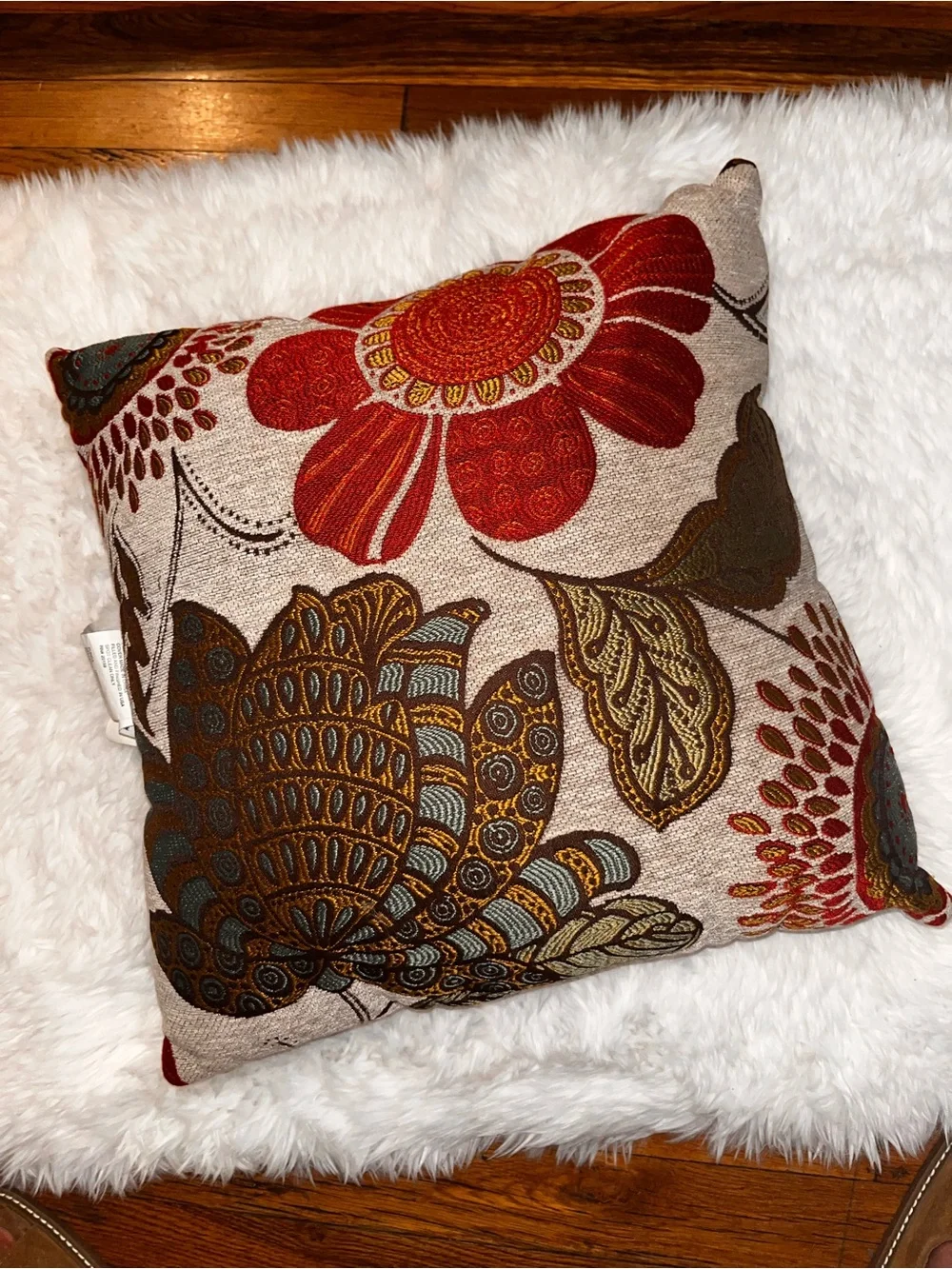 Decorative Floral Throw Pillow in Red and Tan